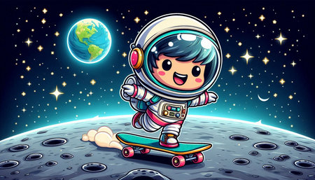 Cute astronaut girl riding skateboard on the moon in space illustrationの写真素材