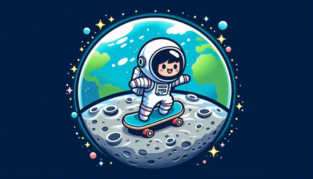Astronaut riding on skateboard in the moon. Vector illustration.の写真素材