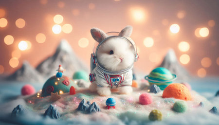 Cute little white rabbit in a bucket on the background of the Christmas landscape