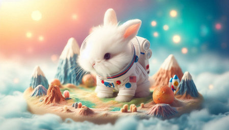 Cute little white rabbit in space suit on the top of the mountain