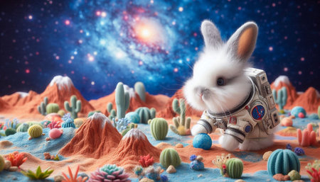 Cute little rabbit astronaut against the background of the planet Mars and the stars.の写真素材