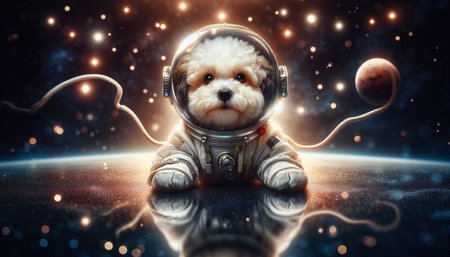 Astronaut in space with his dog. Mixed media. Mixed mediaの写真素材