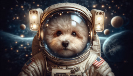 Pomeranian dog in the astronaut's helmet. Space background.の写真素材
