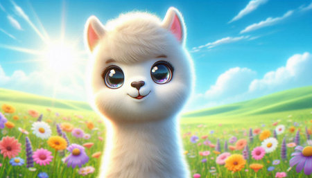 Funny alpaca in the meadow. 3D renderingの写真素材