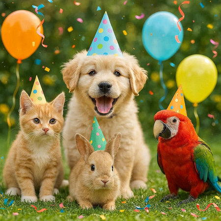 Cute Golden Retriever puppy, cat and dog at birthday party