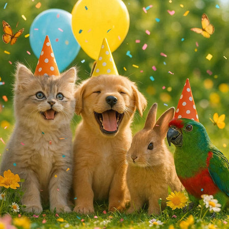 Happy birthday. Puppy and two british shorthair dogs in party hats with colorful balloons