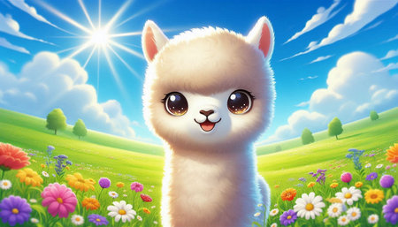 Cute alpaca in the meadow. 3d renderingの写真素材