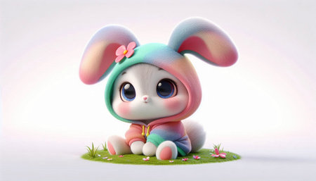 Cute Easter bunny with a green grass. 3d rendering.の写真素材