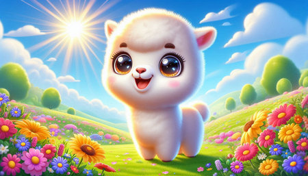 Cute polar bear in the meadow with flowers and sunny skyの写真素材