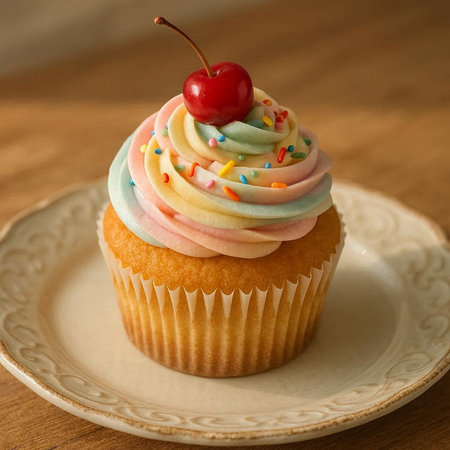 Cupcake with cream and cherry on a plate on a wooden backgroundの写真素材