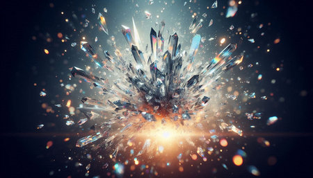 Explosion of broken glass on dark background. 3d rendering toned image