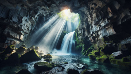 Beautiful waterfall in the cave. Fantasy landscape. 3d rendering
