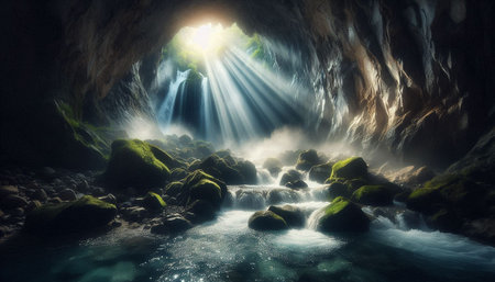 Fantasy landscape with a dark cave and a bright sun shining through it.の写真素材