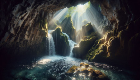 Beautiful view of a waterfall in a cave. 3d renderingの写真素材