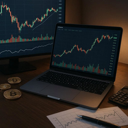 Laptop with candlestick chart on screen. Cryptocurrency concept
