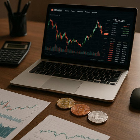Laptop and bitcoins on the table. Cryptocurrency trading concept