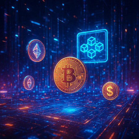 Cryptocurrency hologram and bitcoin on dark background. 3d rendering