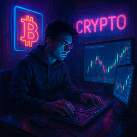 Young man in dark room with computer and crypto currency. Cryptocurrency concept.