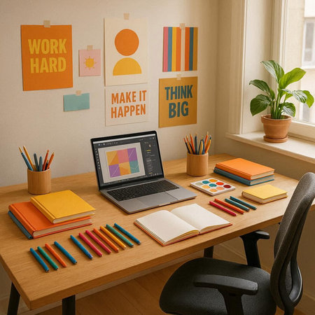 Workspace with laptop, stationery and colorful stickers on the wall