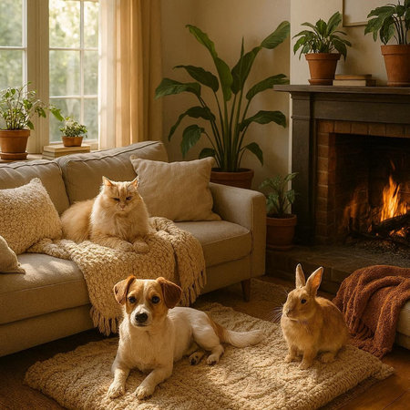 Cute dog and rabbit sitting in front of a fireplace at home