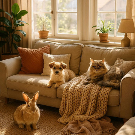 Cute cat, dog and rabbit on sofa in cozy living room