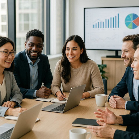 smiling multiethnic businesspeople sitting at table and using laptop in office