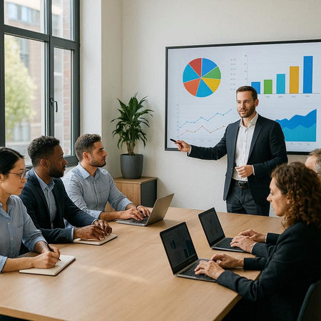 smiling businessman giving presentation to multiethnic colleagues in boardroom