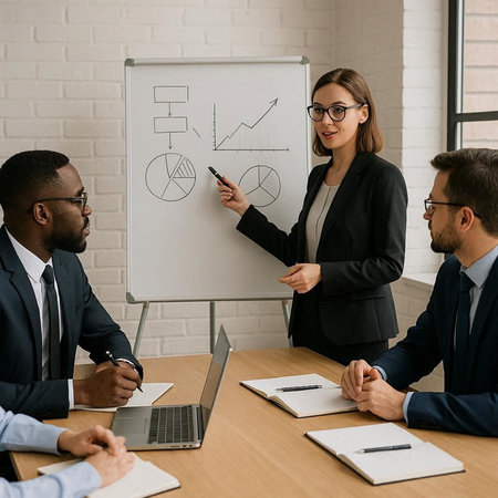 Group of business people in smart casual wear discussing business plan in office.