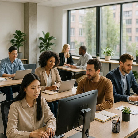 Group of multiethnic business people working on computer in modern office.
