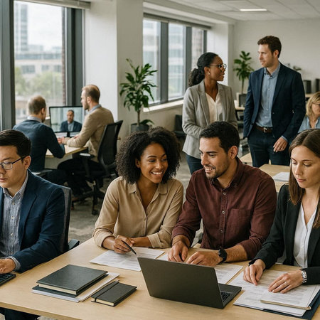 Group of multiethnic businesspeople working together in modern office.