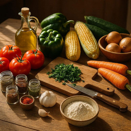 Composition of fresh vegetables, olive oil and spices on wooden table