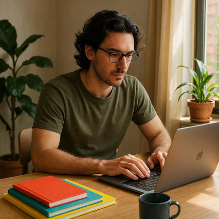 Image of concentrated young man in eyeglasses using laptop while sitting at table at home