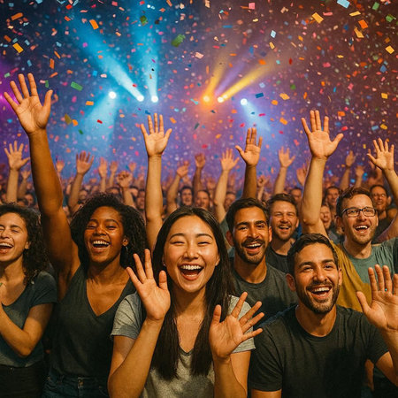 Happy group of friends having fun at a music festival with confetti
