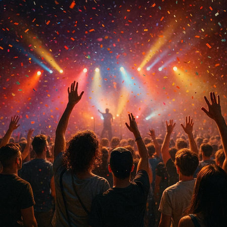 Cheering crowd with raised hands at a music festival, rear view
