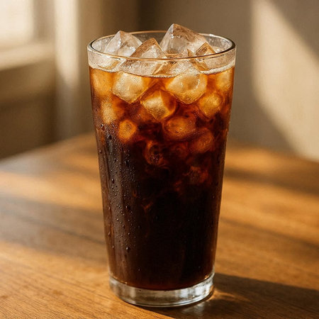 Iced cola with ice cubes in glass on wooden table.