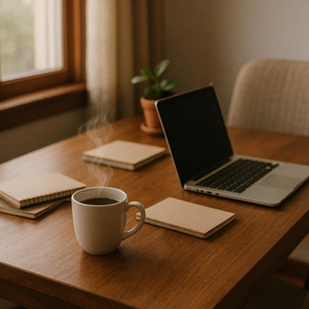 Cup of coffee and notebook on wooden table near window at home