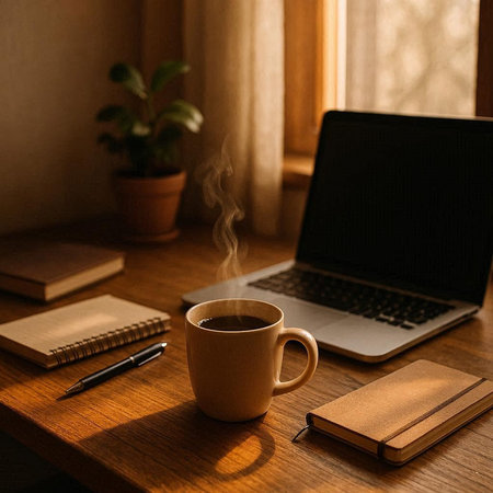 Coffee cup and notebook on wooden table at home office.
