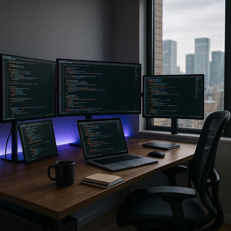 3d render of workspace with computer monitors, coffee cup and notebook