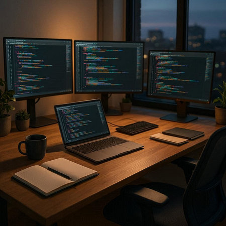 Software development. Workplace of software developers, designers and designers in modern office.
