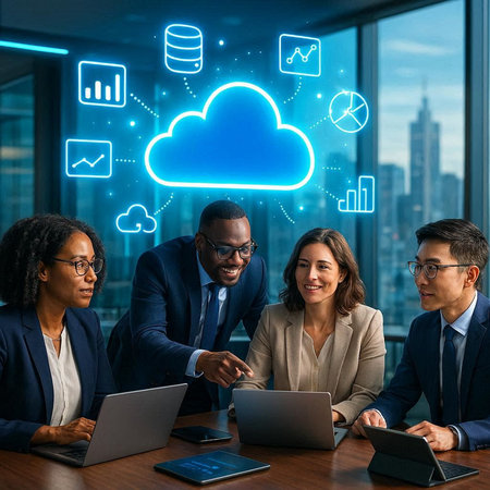 Group of business people working together with cloud computing icons over office background