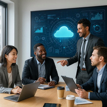 Group of business people working together in office. Cloud computing concept.