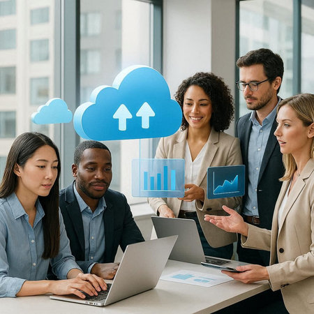 multiethnic business people working with laptop and cloud icon in office