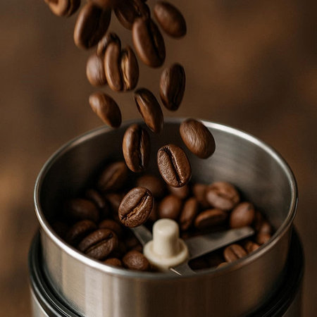 Coffee beans falling into a coffee grinder, closeup