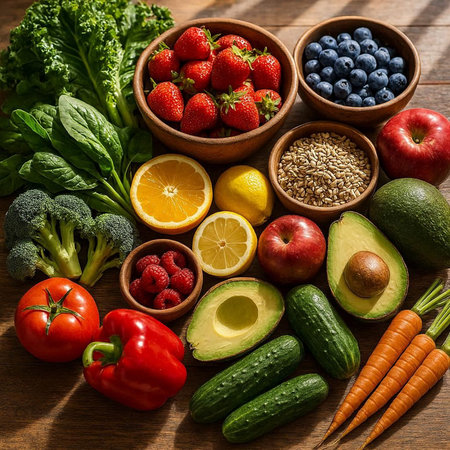 Healthy food background. Vegetables, fruits and superfoods