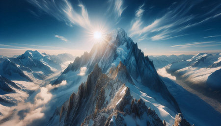 Beautiful mountain landscape with snow-capped peaks and blue skyの写真素材