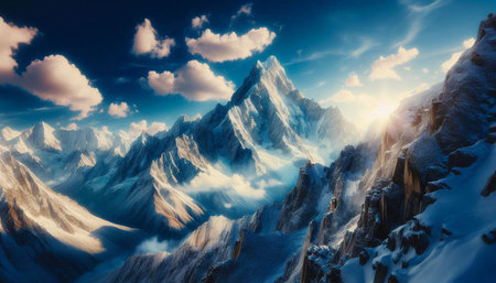 Snowy mountains at sunset. Panoramic view. Nature composition.