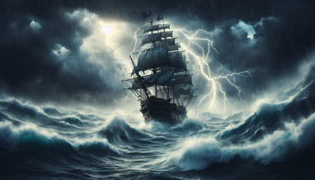 Pirate ship in stormy sea with lightning. 3D rendering