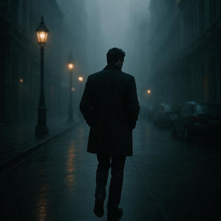 silhouette of a man walking on the street in the fog