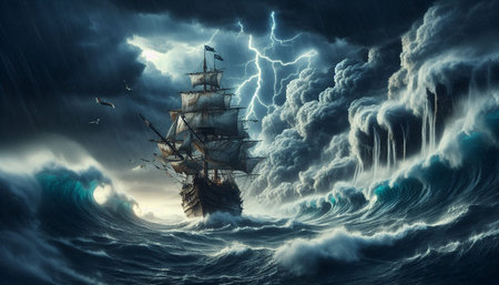 Pirate ship sailing in stormy ocean. 3D illustration.の写真素材