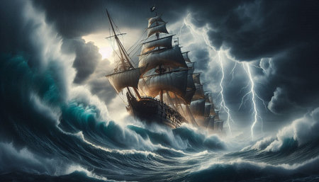 Pirate ship sailing in stormy ocean. 3D Renderingの写真素材